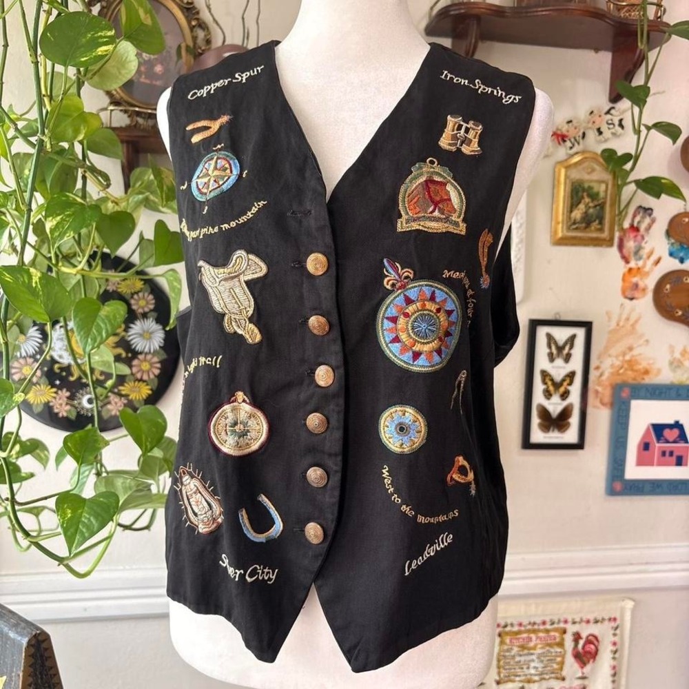 Vintage 90s Equestrian Horses Embroidered Vest‎ Womens size M Cotton Grannycore